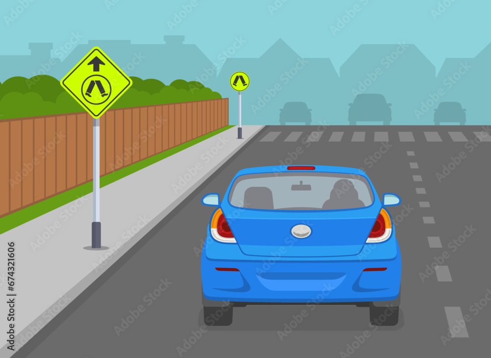 Safe driving tips and traffic regulation rules. Australian pedestrian crossing ahead sign. Back view of a car on reaching the crosswalk. Flat vector illustration template. Safe driving tips and traffic regulation rules. Australian pedestrian crossing ahead sign. Back view of a car on reaching the crosswalk. Flat vector illustration template.