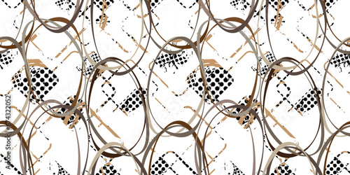 Seamless pattern decorated with precious stones, gold chains and pearls.	