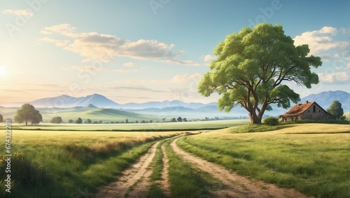 Peaceful Green Prairie Landscape with Tree and Blue Sky with Clouds 