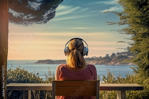 Una mujer sentada en un banco de madera al lad de la playa escuchando música con sus auriculares photo