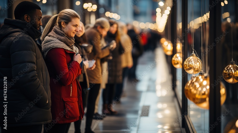 People queue up waiting for stores to open for shopping. Sale and discounts in Christmas seasin time People queue up waiting for stores to open for shopping. Sale and discounts in Christmas seasin time