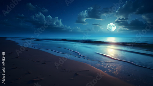 Serene moonlit beach  where the gentle waves kiss the shore and the moon s reflection dances upon the calm waters. Ai Generated.NO.04