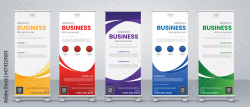 Business Roll up banner vertical template design set in red, blue, yellow, green, purple and black
