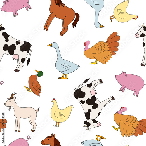 Vector seamless pattern with farm animals on white. Cute cow  chicken and horse.