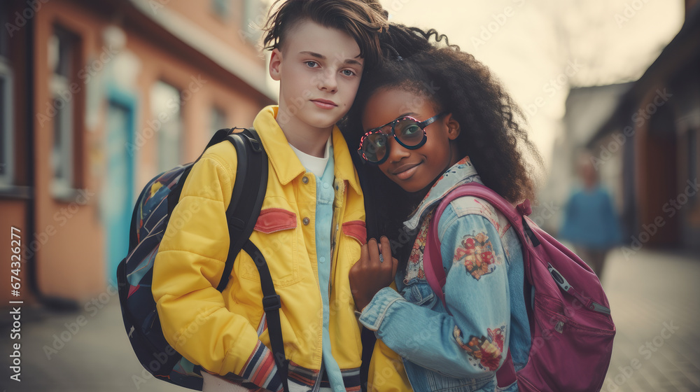 Friends in school in colorfull clothes Generative Ai Friends in school in colorfull clothes Generative Ai