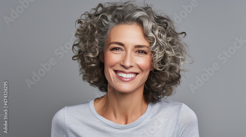 captivating mature woman with grey curly hair and a lively smile in casual attire