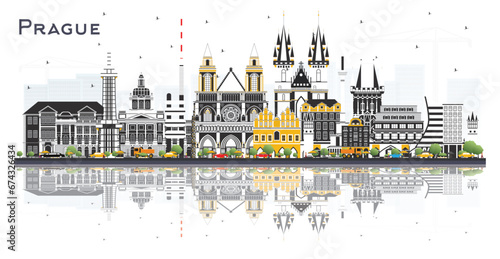 Prague Czech Republic City Skyline with Color Buildings and reflections Isolated on White. Travel and Tourism Concept with Historic Architecture. Prague Cityscape with Landmarks.