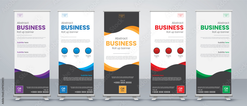 Business Roll up banner vertical template design set in red, blue, yellow, green, purple and black - obrazy, fototapety, plakaty 