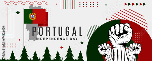 Portugal independence day banner, national day banner for portugal with flag, maps and clenched fist, Geometric retro shape in red and green colors. Vector illustration