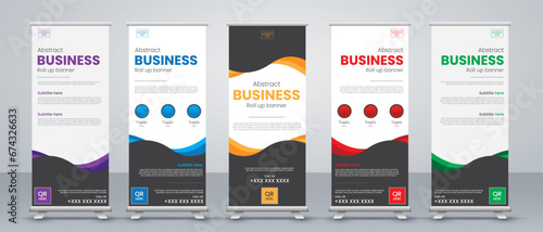 Business Roll up banner vertical template design set in red, blue, yellow, green, purple and black