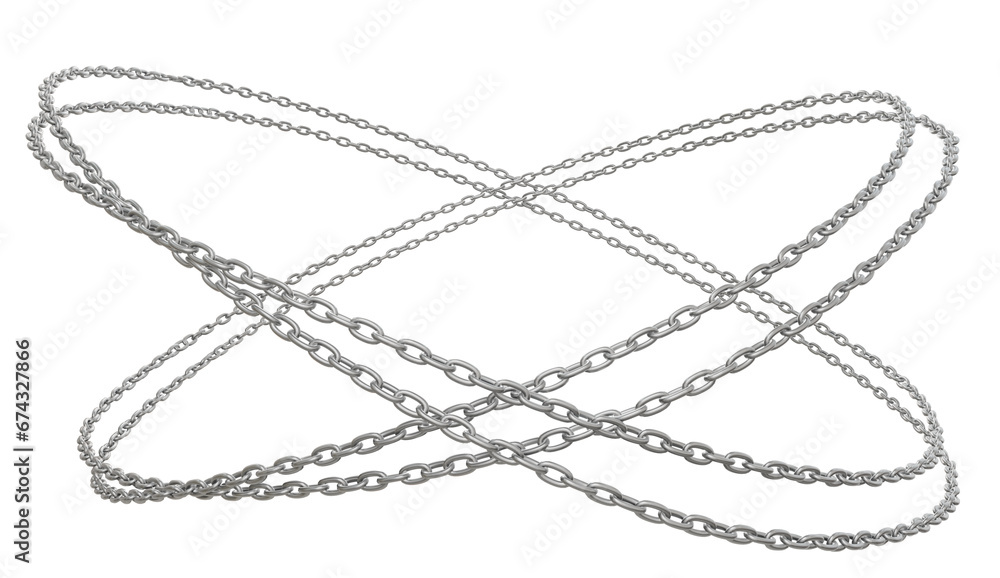Circles created by intertwined metal chains in a 3D illustration, presented in PNG format and transparent backdrop. Circles created by intertwined metal chains in a 3D illustration, presented in PNG format and transparent backdrop.