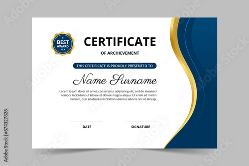 Modern elegant blue and gold certificate template. Appreciation for business and education. Vector illustration