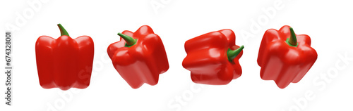 Set of 3D render red bell pepper. Realistic whole paprika. Tasty fresh ingredient for Asian, Mexican, Bulgarian food. Healthy organic vitamin vegetable. Vector illustration sweet object collection