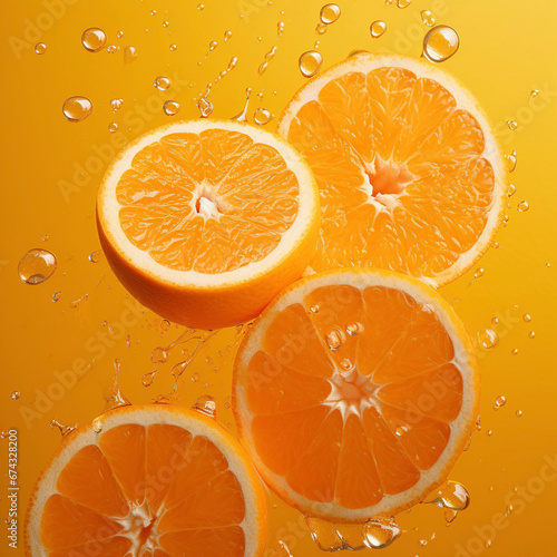 Fresh orange fruits slices on an orange background, space for text