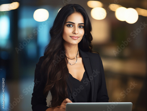 Young and successful corporate woman using laptop at office