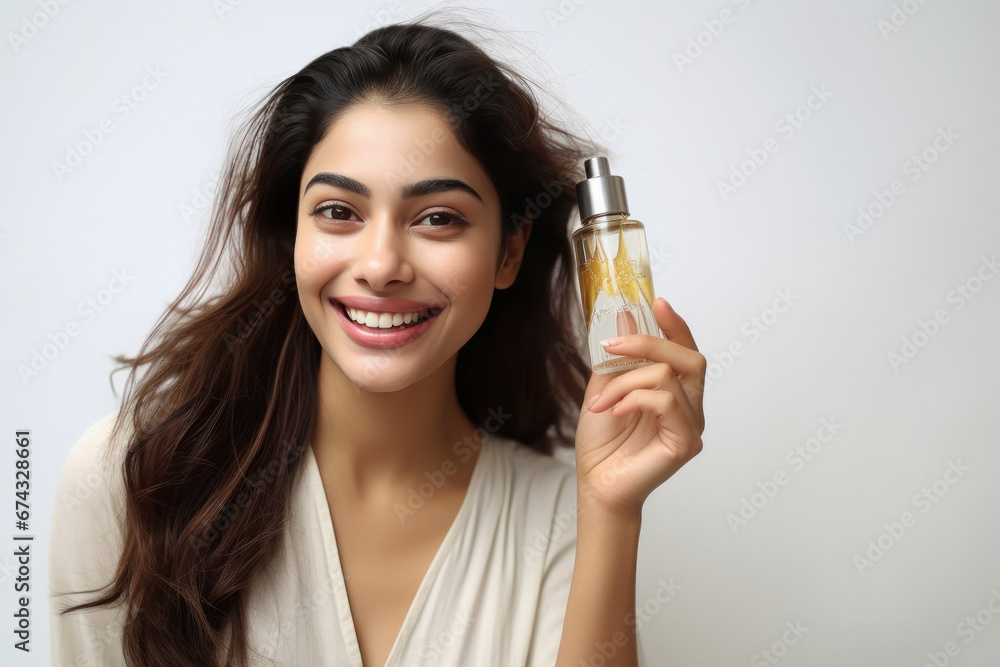 Young woman smiling and showing face serum bottle. Young woman smiling and showing face serum bottle.