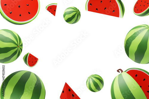 Watermelon frame for card or banner. Bright summer template with red and green fruit, seeds. Realistic Vector illustration poster for party. Fresh sweet slices border for holiday