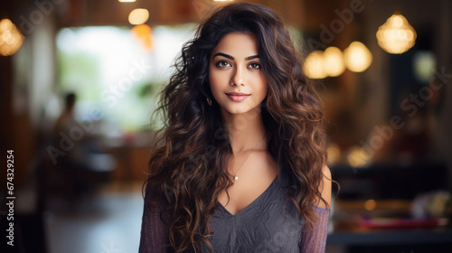 Young woman standing at salon after complete new hairstyle.