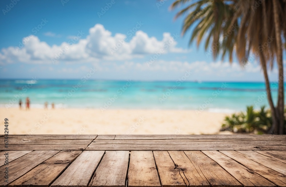 Wooden table top with blurred beach with bright blue sky