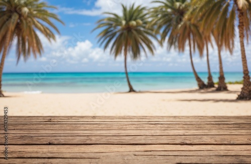 Wooden brown table top with blurred beach and palm trees background
