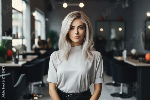Young and confident female hair stylist standing at salon