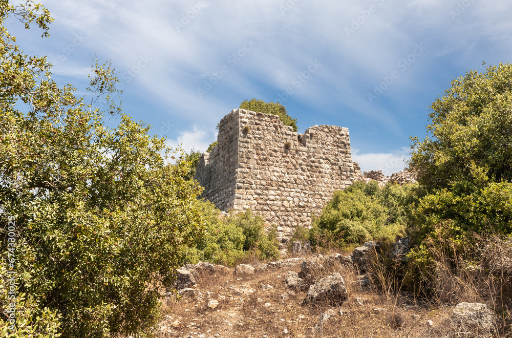 The guard  tower in the medieval fortress of Nimrod - Qalaat al-Subeiba located near the border with Syria and Lebanon in the Golan Heights, in northern Israel