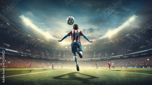 Professional football or soccer player in action on stadium with flashlights