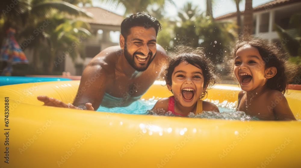 Indian man with his little child enjoying in swimming pool - obrazy, fototapety, plakaty 