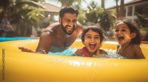 Indian man with his little child enjoying in swimming pool photo