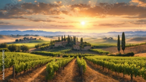 Rural Sunset over Vineyard and Crop Fields 