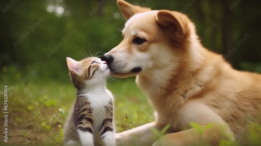 The cute kitten and puppy are playing in the yard.