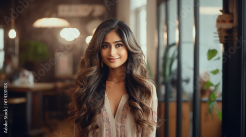 Young woman standing at salon after complete new hairstyle.