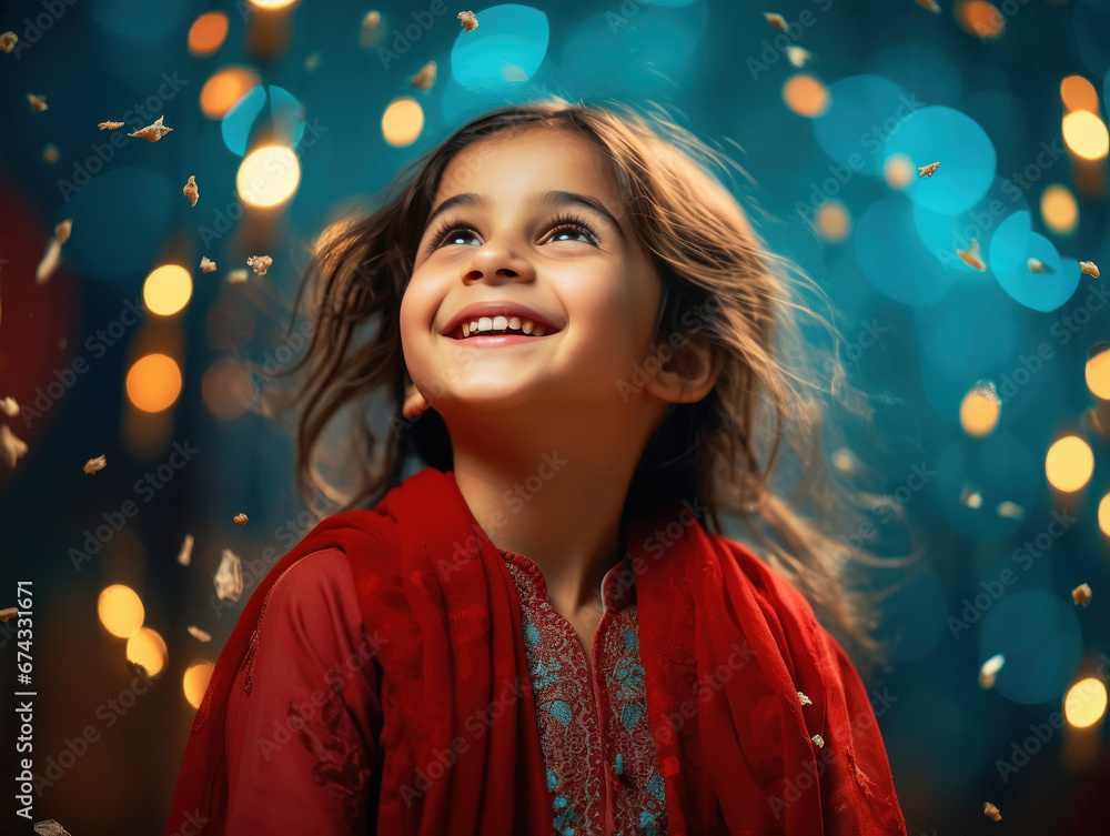 Cute little girl smiling on blur lights background.