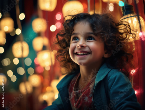 Cute little girl smiling on blur lights background.