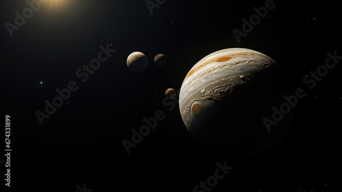 The giant planet and its satellites. Jupiter like planet and his moons. Space concept. Generative AI
