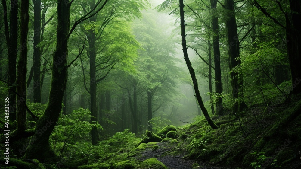 Fototapeta premium Lush Green Forest Wrapped in Ethereal Mist