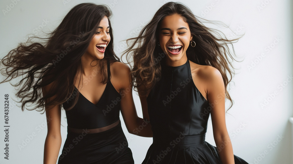 Beautiful Two women in black dress on white background. Beautiful Two women in black dress on white background.