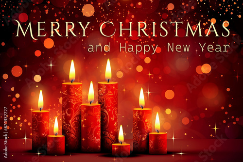 Merry Christmas and Happy New Year greeting card with red burning candles.