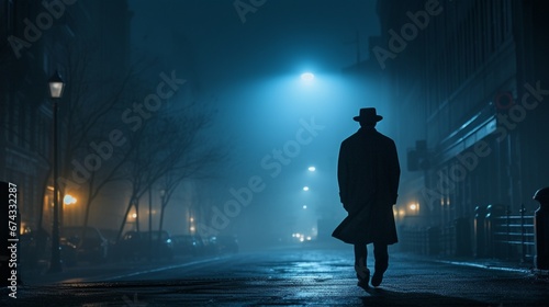 Man s Silhouette Roaming Misty Streets at Night