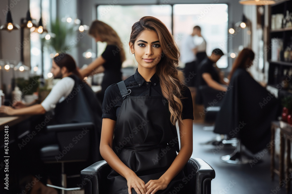 Young and confident female hair stylist standing at salon Young and confident female hair stylist standing at salon