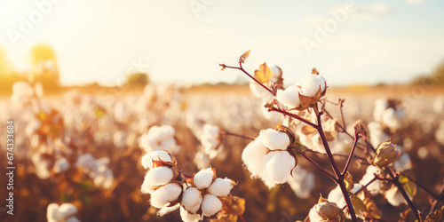 Closeup of cotton balls on a branch in a sunshine rays on the summer field. Generative AI photo