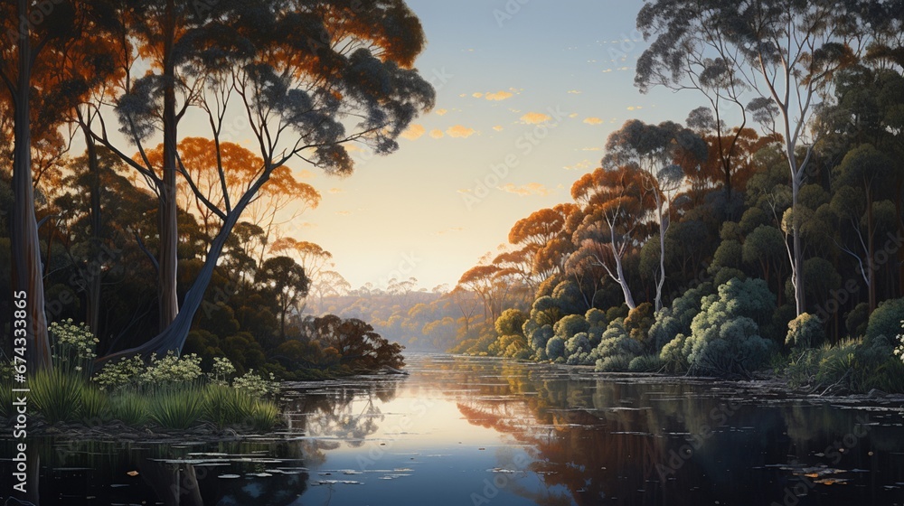 Overhead Scene Capturing Calm River, Weir, and Gum Trees Along the Banks