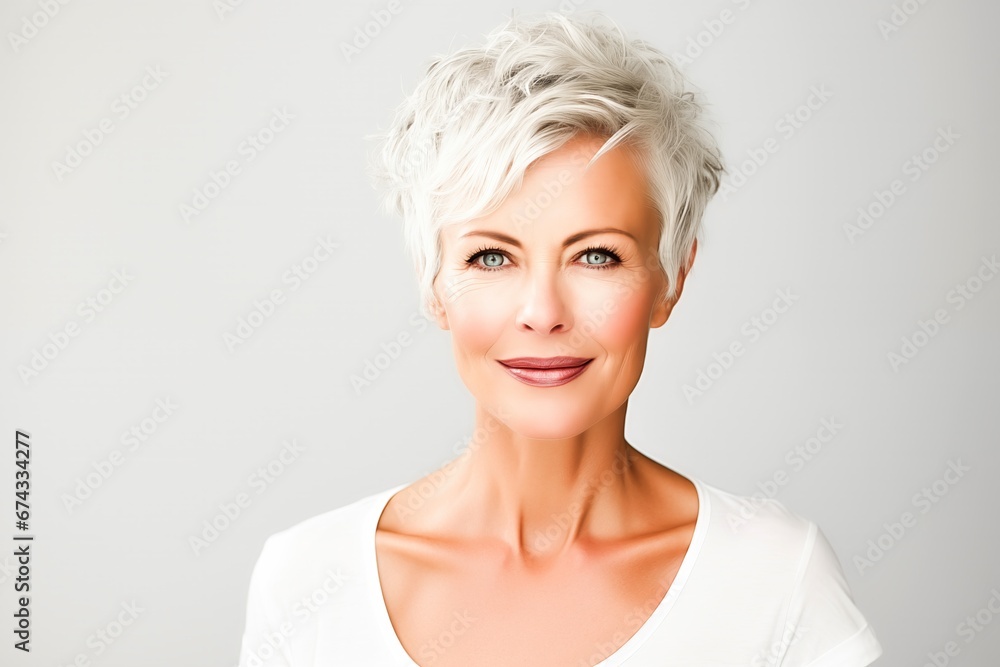 A close-up portrait of a mature lady in her prime showcases the timeless allure of age. Her radiant skin and captivating expression emphasize the importance of health and skincare in middle age