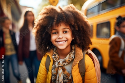 This elementary school girl beams with excitement as she prepares to board the school bus, her happiness lighting up the morning