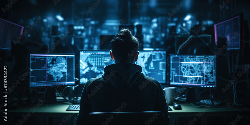 Tech Enthusiast Monitoring Global Data in a Dark Control Room. Hacker concept. Generative AI Tech Enthusiast Monitoring Global Data in a Dark Control Room. Hacker concept. Generative AI