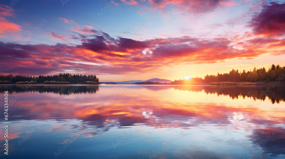Serene sunset over a calm lake, where the sky is ablaze with hues of orange and purple, reflecting on the mirrored surface. Ai Generated.NO.03