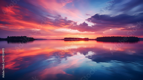 Serene sunset over a calm lake  where the sky is ablaze with hues of orange and purple  reflecting on the mirrored surface. Ai Generated.NO.02