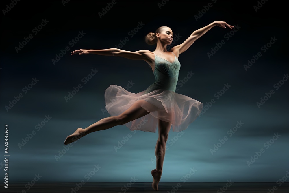 A powerful and graceful ballet dancer mid-leap.
