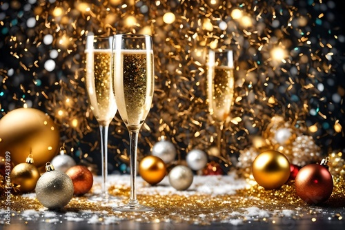 Champagne Glass Adorned with Christmas Baubles, Starry Holiday Background, Glitter, and Twinkling Lights. Golden Christmas Celebration with Sparkling Balloons, Glitter, and Confetti. Happy New Year