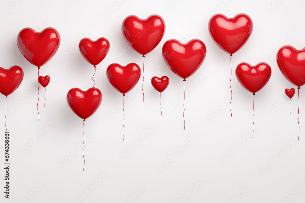 Red heart shaped balloons on a white background, space for text